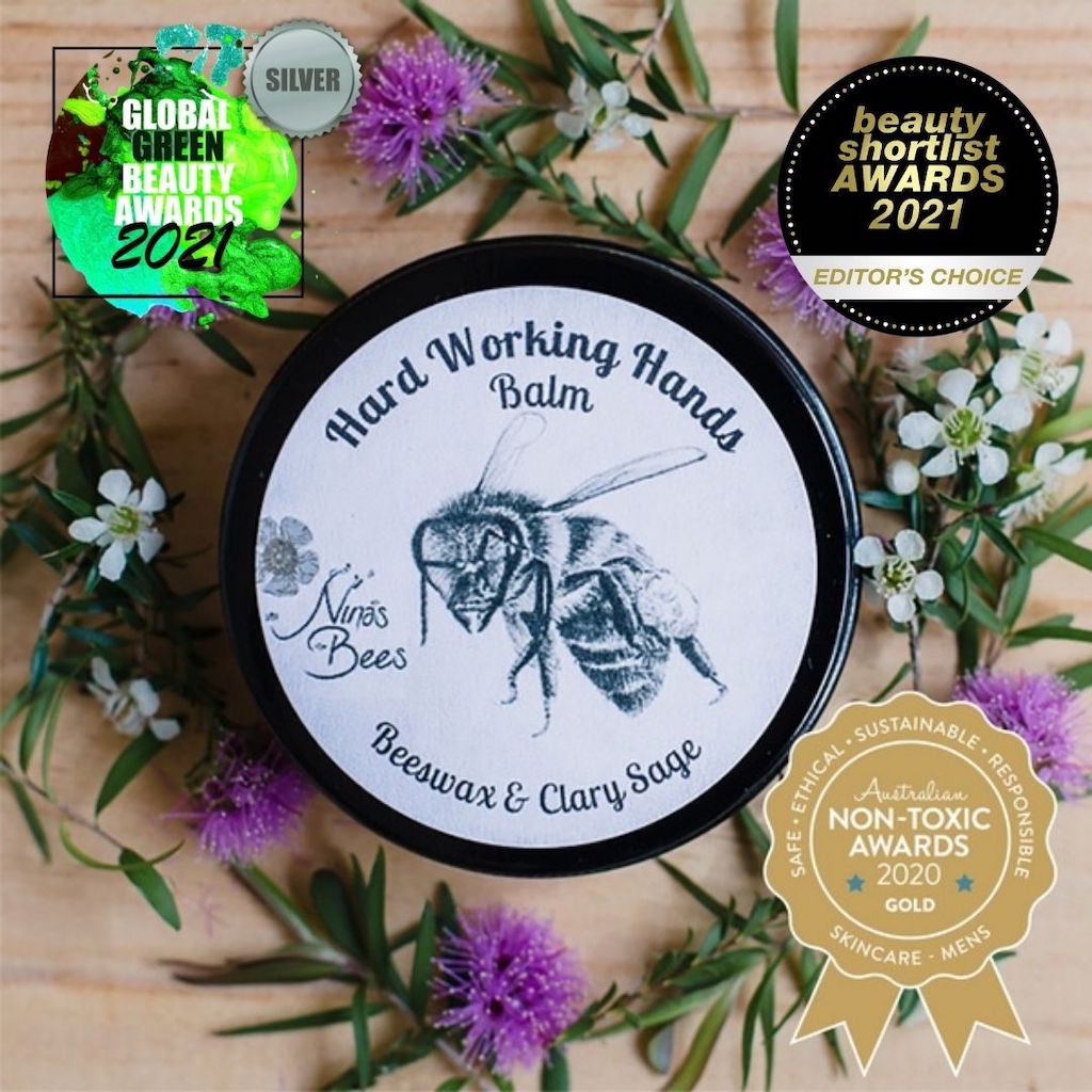 Award-winning hardworking hands balm by Nina's Bees. All natural handcream. Made in Australia. Hand cream that heals cracks and keeps skin soft and nourished.