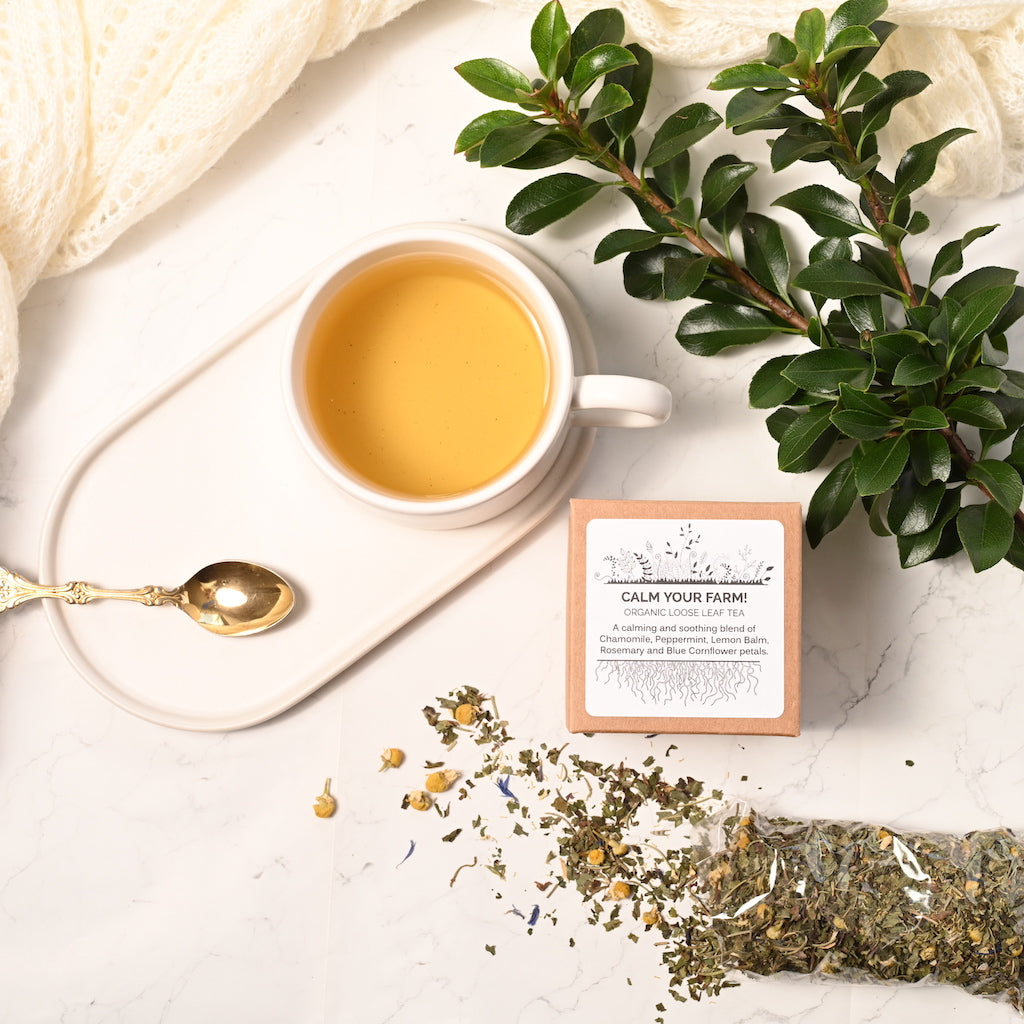 Calm your farm organic loose leaf tea with soothing chamomile and peppermint. Made in Australia by toil and trouble.
