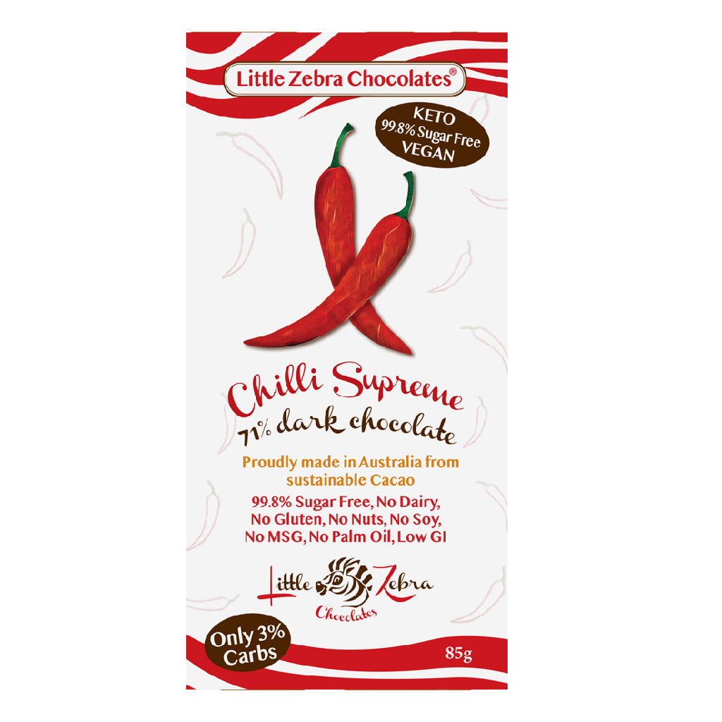 Dark Chocolate Chilli Supreme Bar, Australian chocolate, sugar-free chocolate, gluten-free chocolate, low carb chocolate