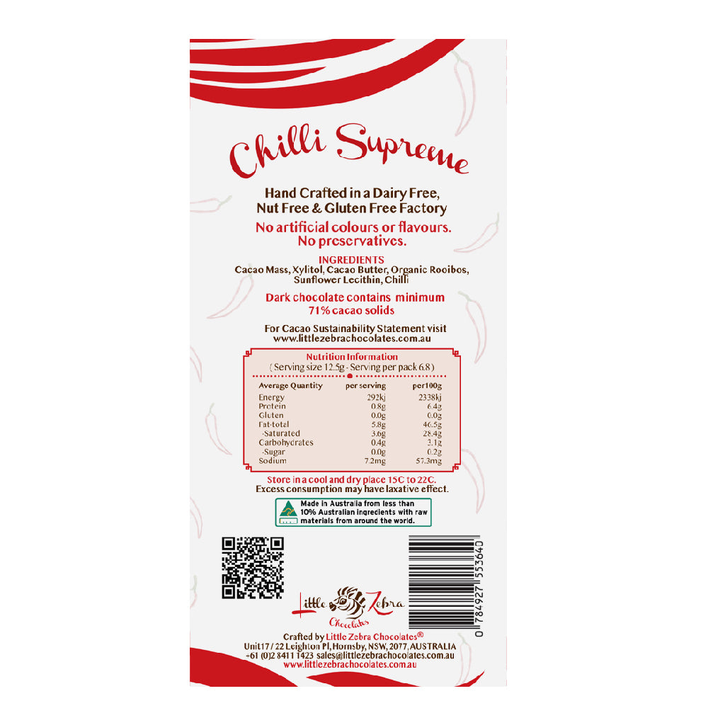 Chilli Supreme Vegan Chocolate, dark chocolate, Australian premium chocolate, gluten-free chocolate, sugar free and vegan chocolate