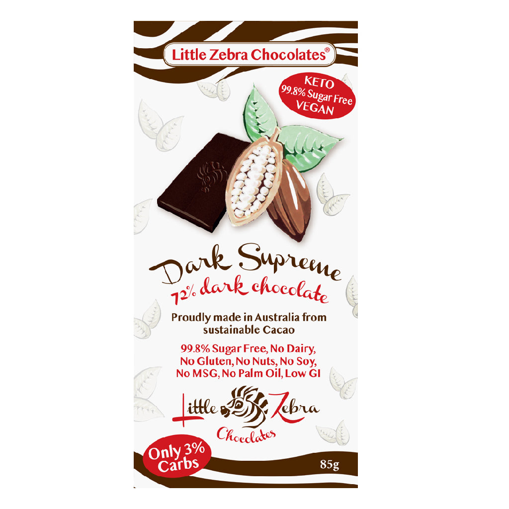 Dark vegan sugar-free chocolate by Little Zebra Chocolates. Made in Australia. Healthy chocolate for keto and low sugar diets.