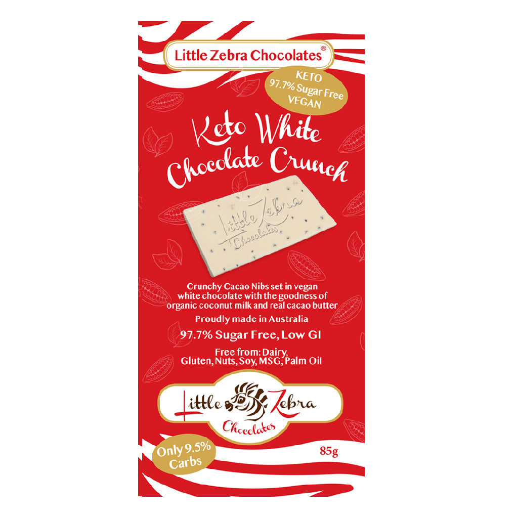 Keto white chocolate bar. Vegan and dairy free chocolate. Made in Australia by Little Zebra Chocolates. Premium chocolate bar,  chocolate with health benefits for keto and low sugar diets.