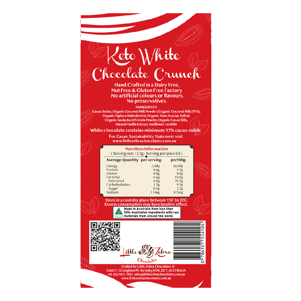Keto white chocolate bar. Vegan and dairy free chocolate. Made in Australia by Little Zebra Chocolates. Premium chocolate bar,  chocolate with health benefits for keto and low sugar diets.