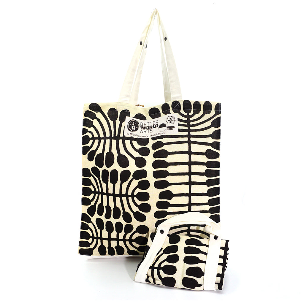 Reusable shopping bag made from cotton. Aboriginal artwork. Ethical and fair trade product by better world arts.
