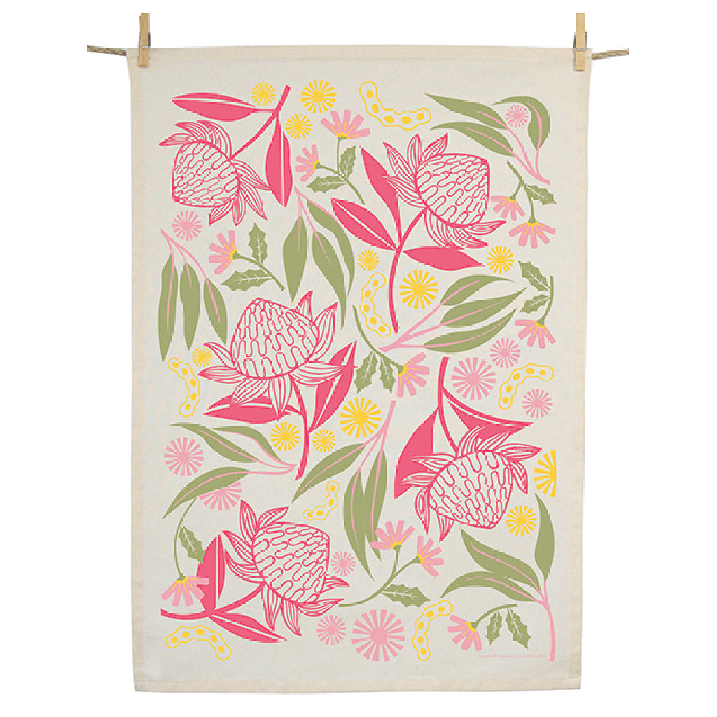 Organic Cotton Tea Towel, Waratah Whirl